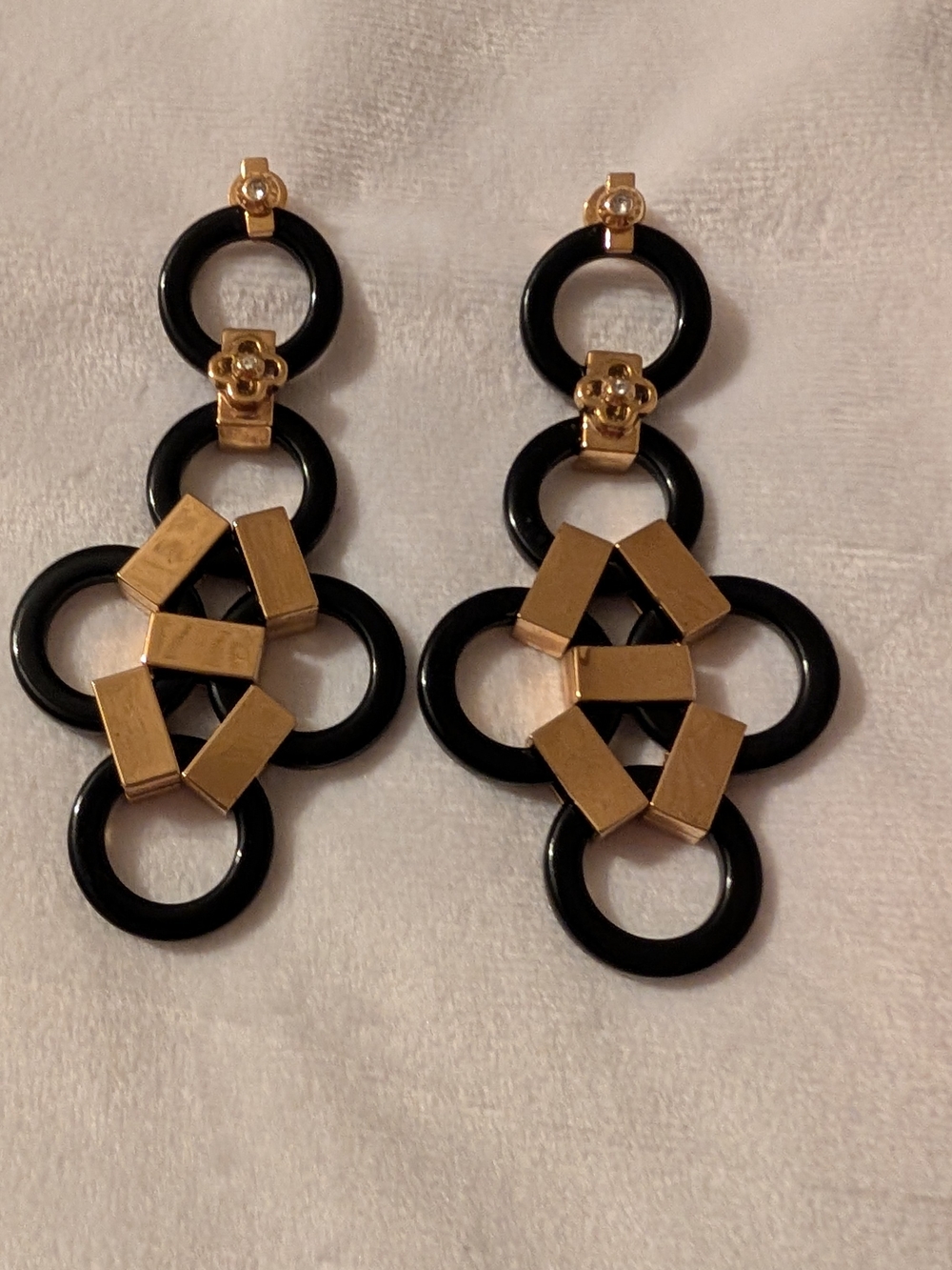 Henri Bendel Geometric Drop Earrings Black Gold EUC